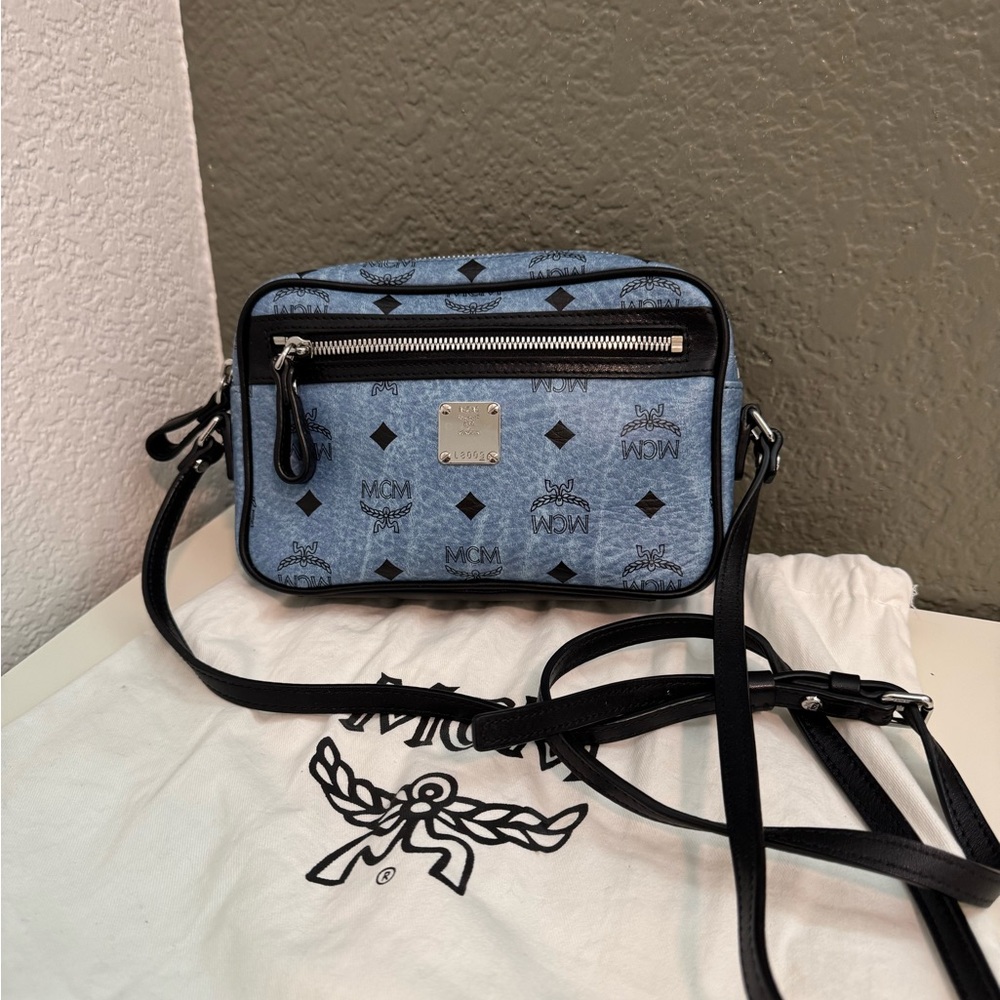 MCM Light Blue Monogram Crossbody Bag with Black Trim